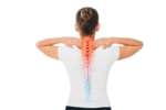 Woman touching back of neck with spine graphic showing